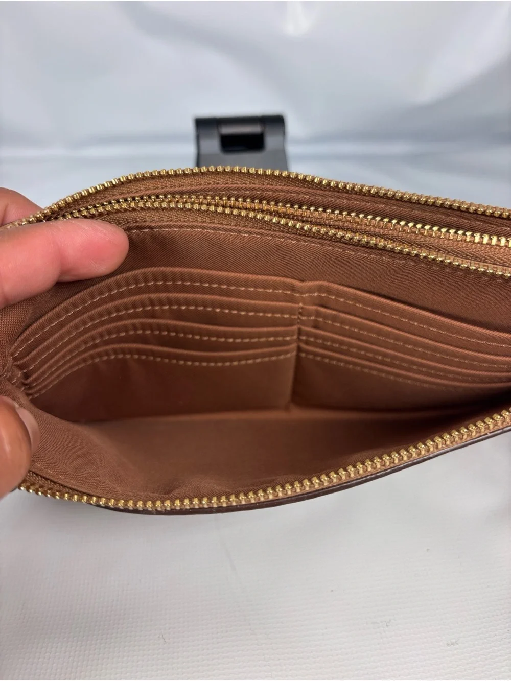Coach Brown Signature Canvas Wristlet with Gold Logo